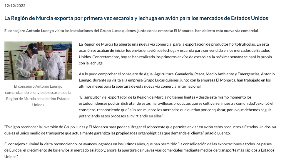 Artículo extraído de un periódico sobre la exportación Murciana de escarola y lechuga, exportación lechuga