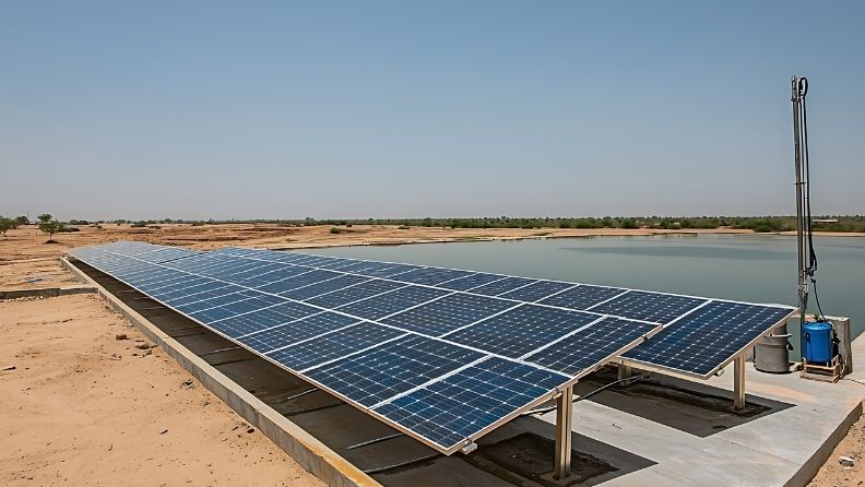 Instalación fotovoltaica sobre estructura elevada junto a una balsa de riego, con equipo de bombeo solar en primer plano, en un entorno agrícola de secano.