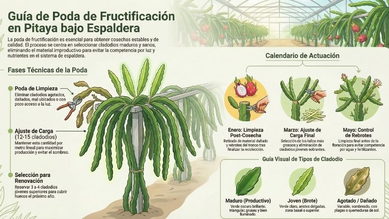 Guía de poda de pitaya bajo espaldera con fases técnicas y calendario de actuación.