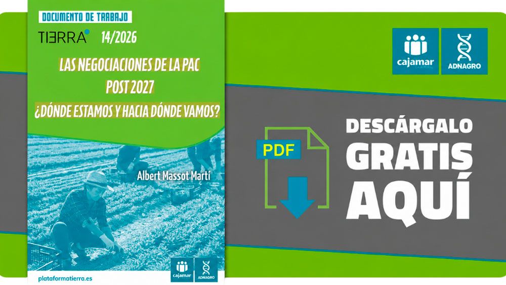 Anuncio de documento de trabajo sobre la PAC, con imagen de campo y descarga PDF gratuita.