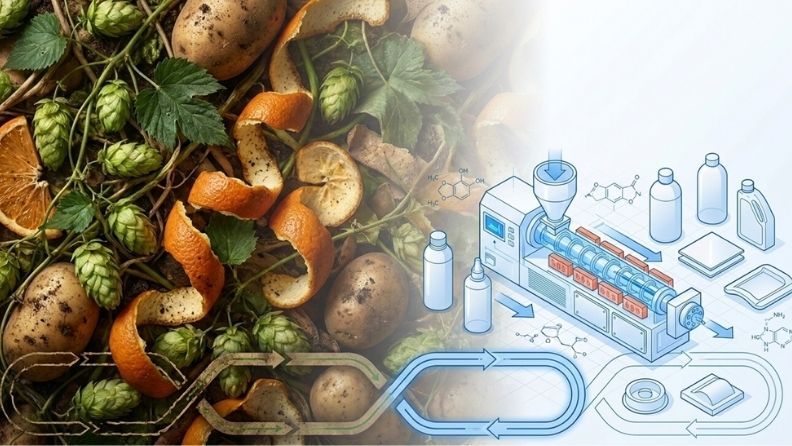 La imagen representa la transformación de desechos orgánicos en productos útiles mediante un proceso industrial.
