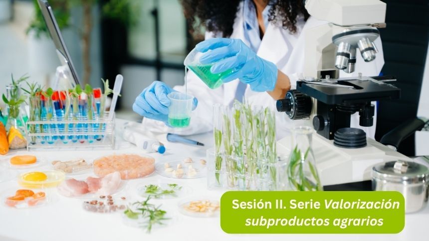 Persona con bata blanca y guantes azules vierte líquido verde en un laboratorio con muestras vegetales y alimentarias, microscopio y tubos de ensayo. Texto: Sesión II. Serie Valorización subproductos agrarios.