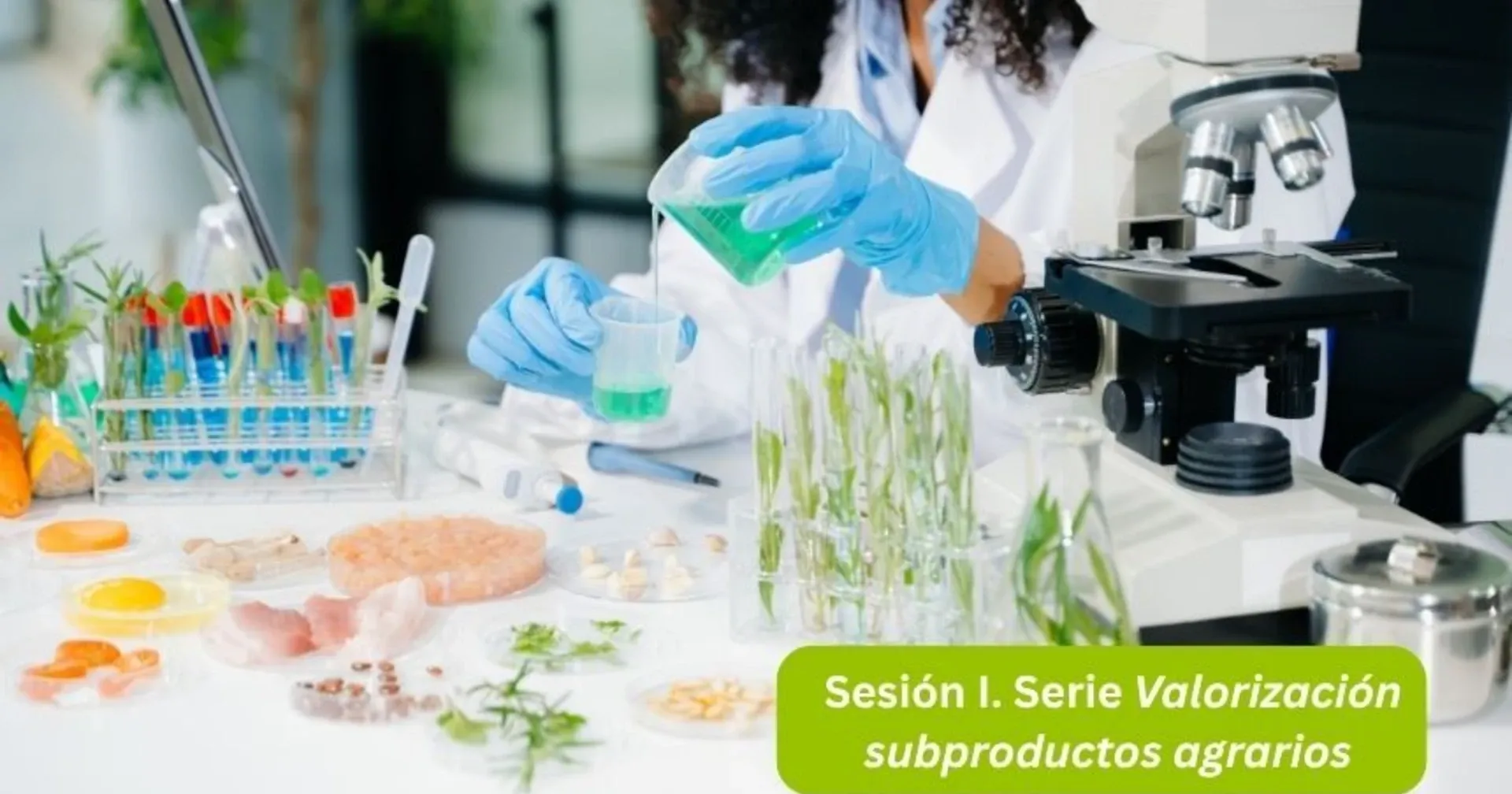 Científicos trabajando en la valorización de subproductos agrarios en laboratorio.