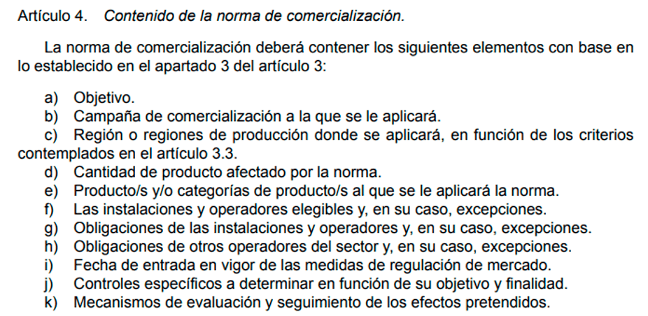Contenido de la norma de comercialización.