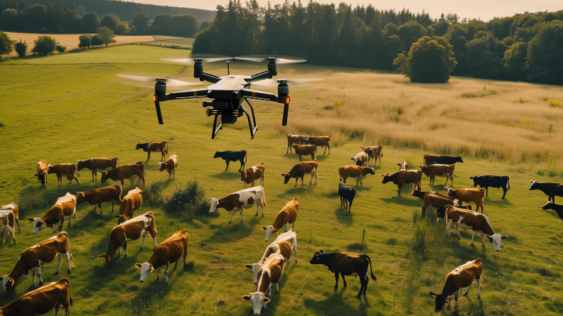 Dron volando sobre un ganado vacuno, captando datos en tiempo real mientras los animales pastan tranquilamente debajo