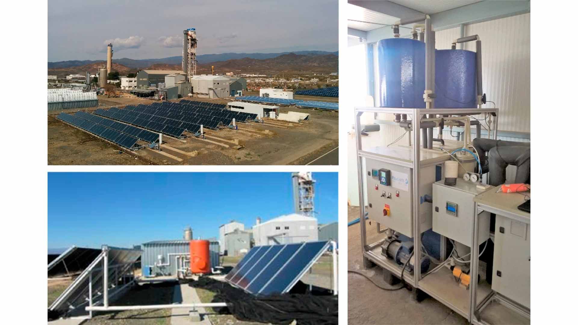 Figura 2. Instalaciones del Living Lab “Desalación Solar” en CIEMAT-Plataforma Solar de Almería: campos solares térmicos (izquierda) y unidad de destilación por membranas a escala piloto (derecha).