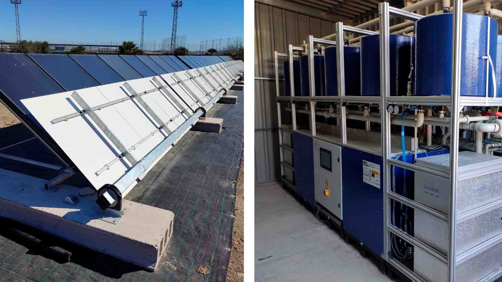 Figura 3. Instalaciones de desalación solar del CIESOL en el IFAPA: campo solar térmico con espejos (izquierda) y unidad de destilación por membranas a escala comercial (derecha).