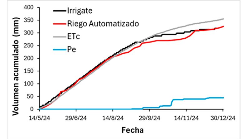 Figura 1. Evolución del volumen de riego acumulado aportado en el tratamiento Automatizado y el recomendado por la herramienta IRRIGATE-DSS