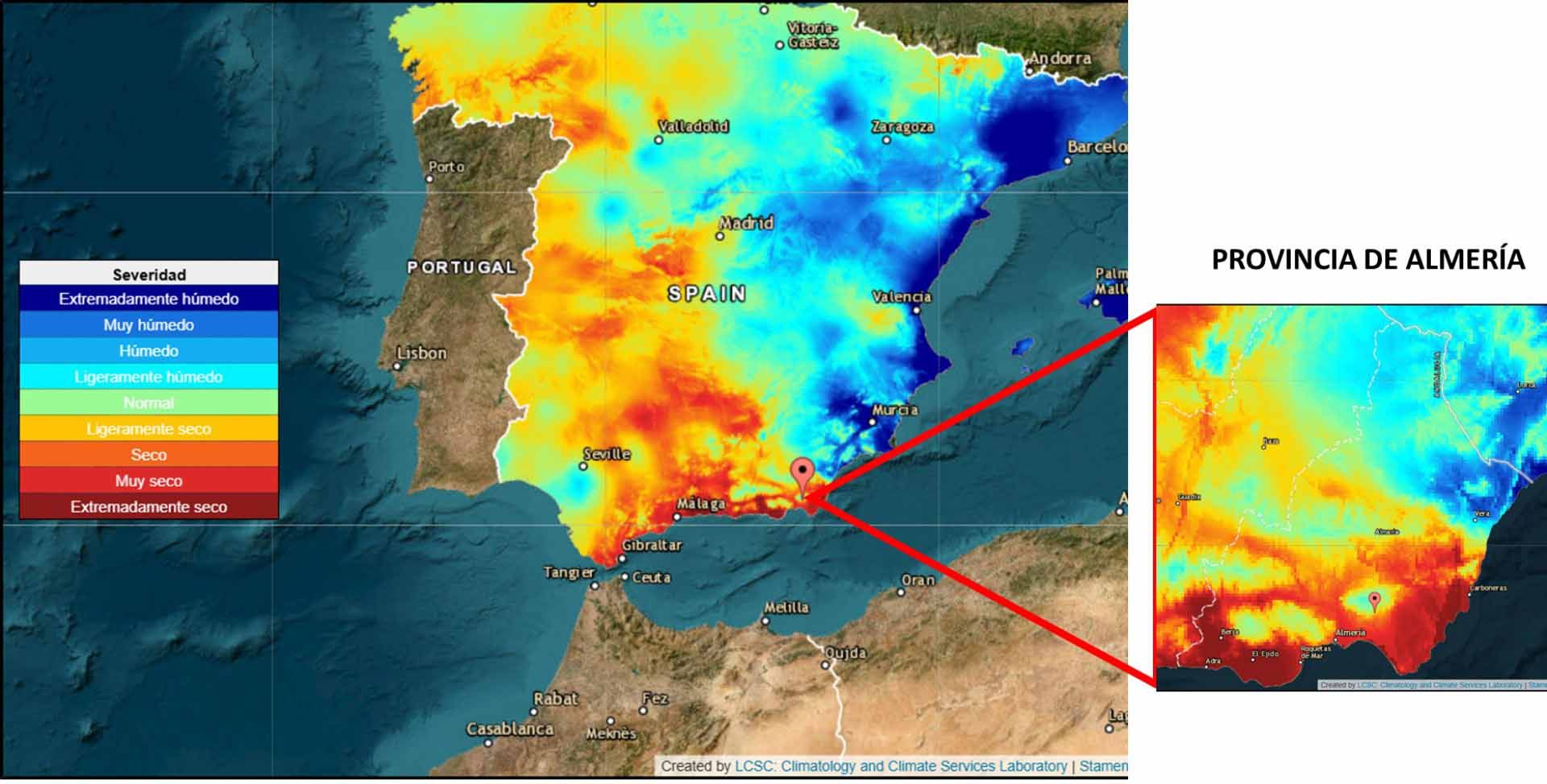 Figura 1. Imagen de la situación actual de sequía en España y Almería. Fuente: Agencia Estatal de Meteorología (AEMET)