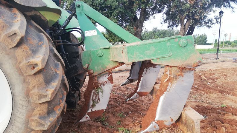 Tractor verde con neumático grande y desgastado; arado de tres discos con óxido.