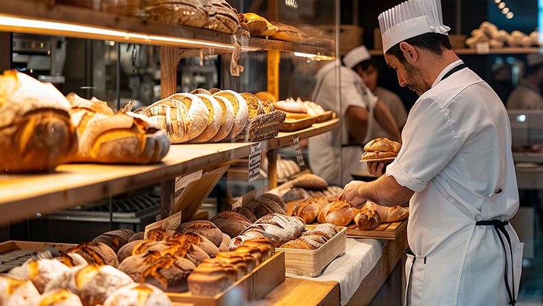 Un ambiente cálido y acogedor en una panadería de prestigio internacional, donde los empleados colocan el producto final