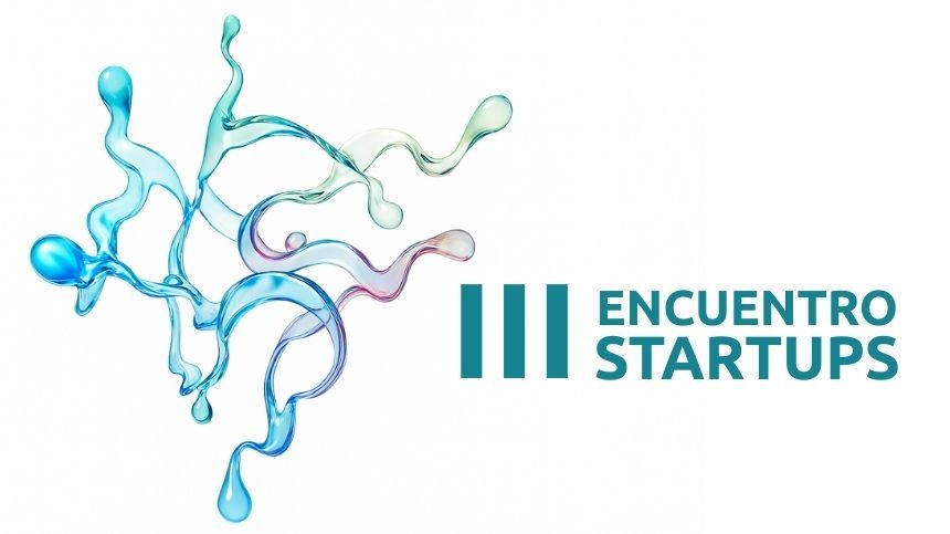 Logo del "III Encuentro Startups" con líneas fluidas coloridas.