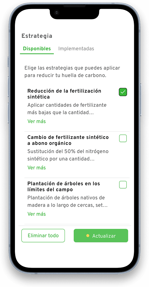 Pantalla de estrategias para reducir la huella de carbono en una aplicación móvil.