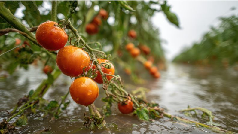 Tomates maduros en una huerta inmersa en agua.