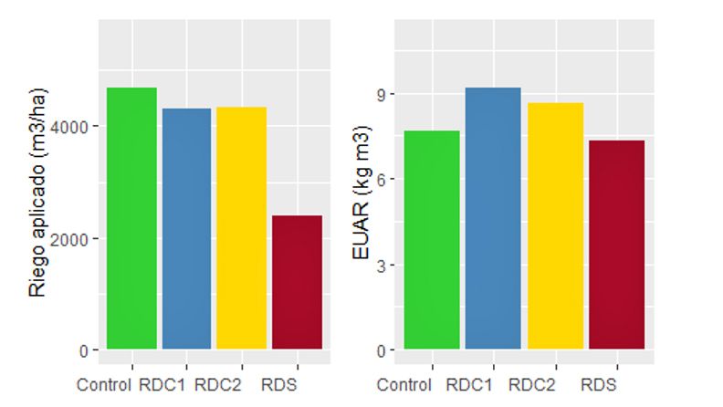 Fig. 5. Volumen de agua aplicado y eficiencia en el uso del agua de riego (EUAR) por tratamiento.