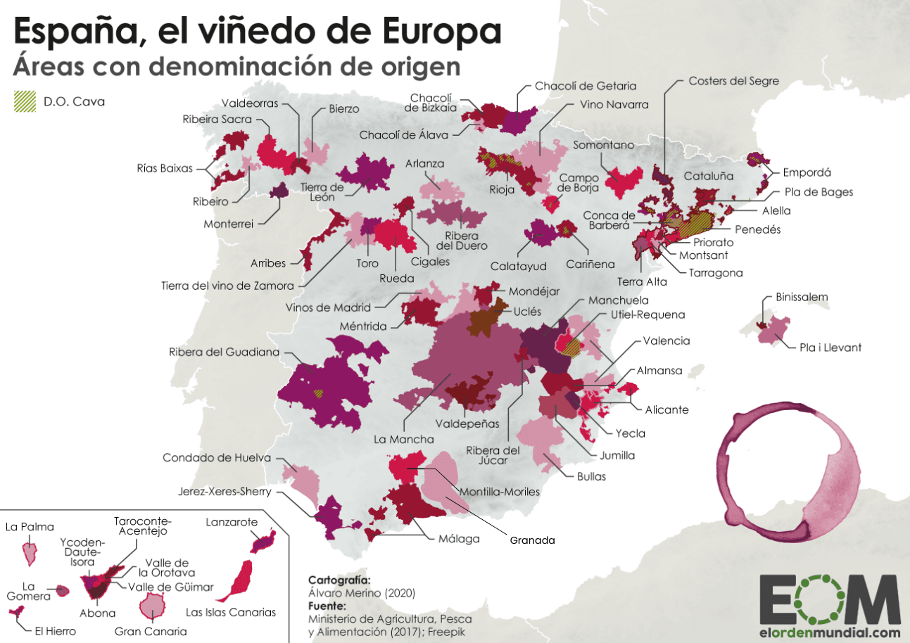 Los vinos de España con Denominación de Origen. Fuente: El Orden Mundial.