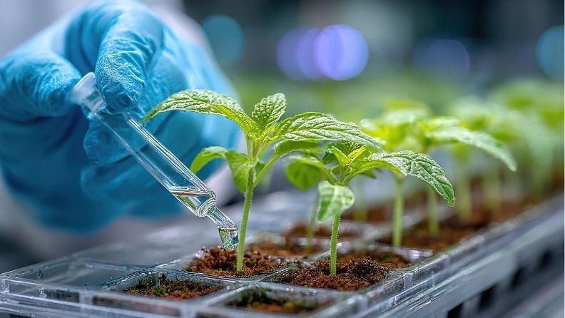 Persona con guantes aplicando solución a plantas jóvenes en laboratorio.