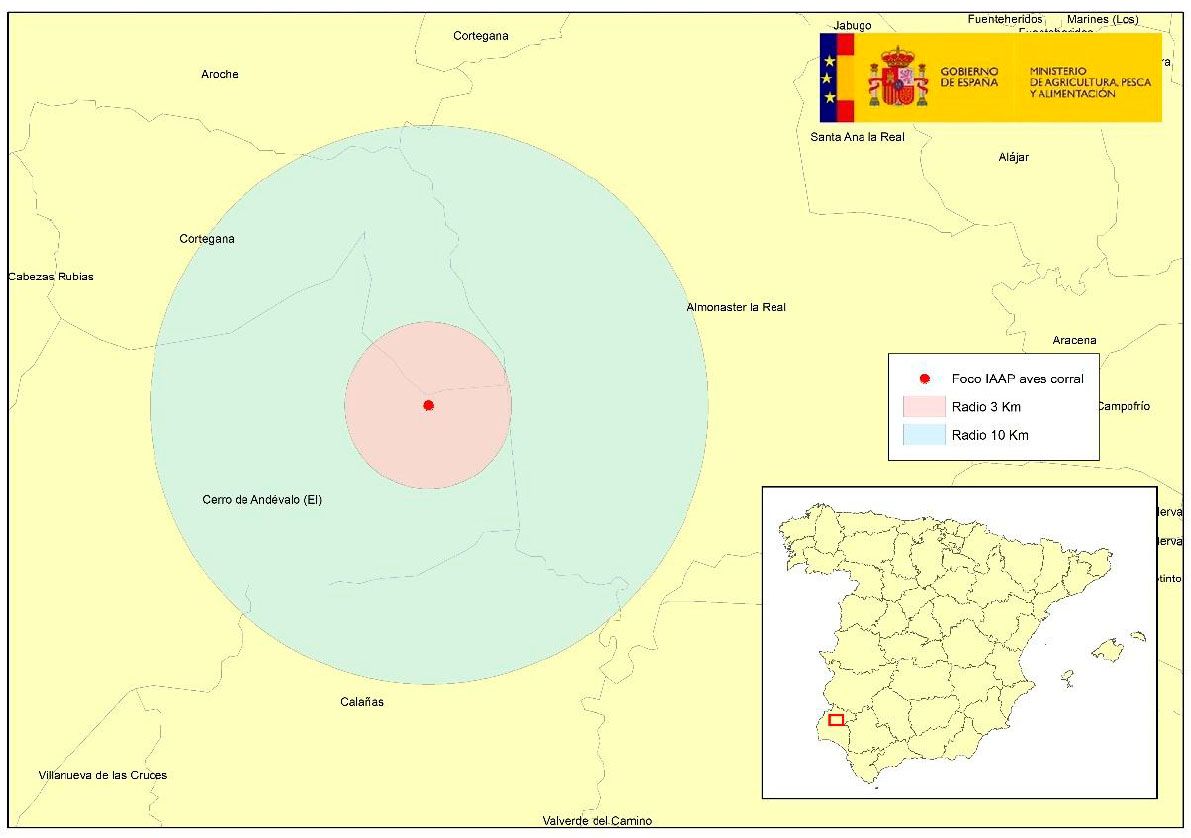 Localización del foco de IAAP en aves de corral en El Cerro de Andévalo, provincia de Huelva