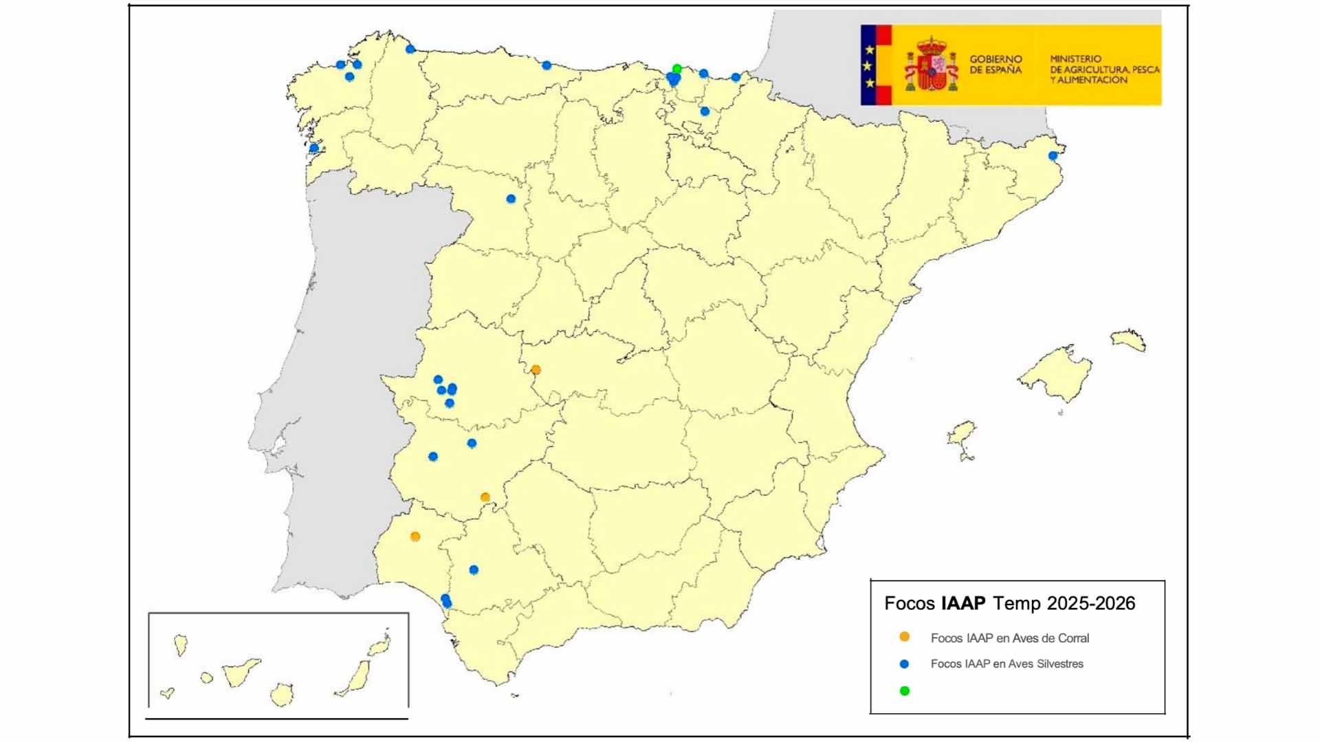 Localización de focos de IAAP en aves silvestres y de corral notificados en España durante 2025.
