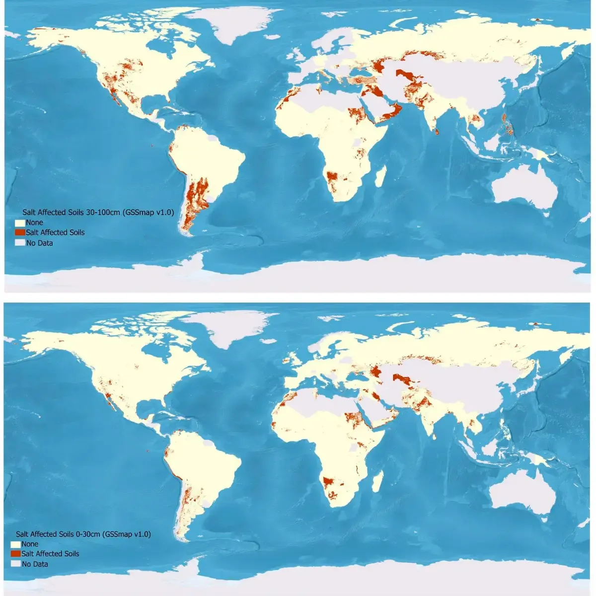 Mapa mundial de salinidad en los suelos de la FAO. mundial que ilustra este fenómeno