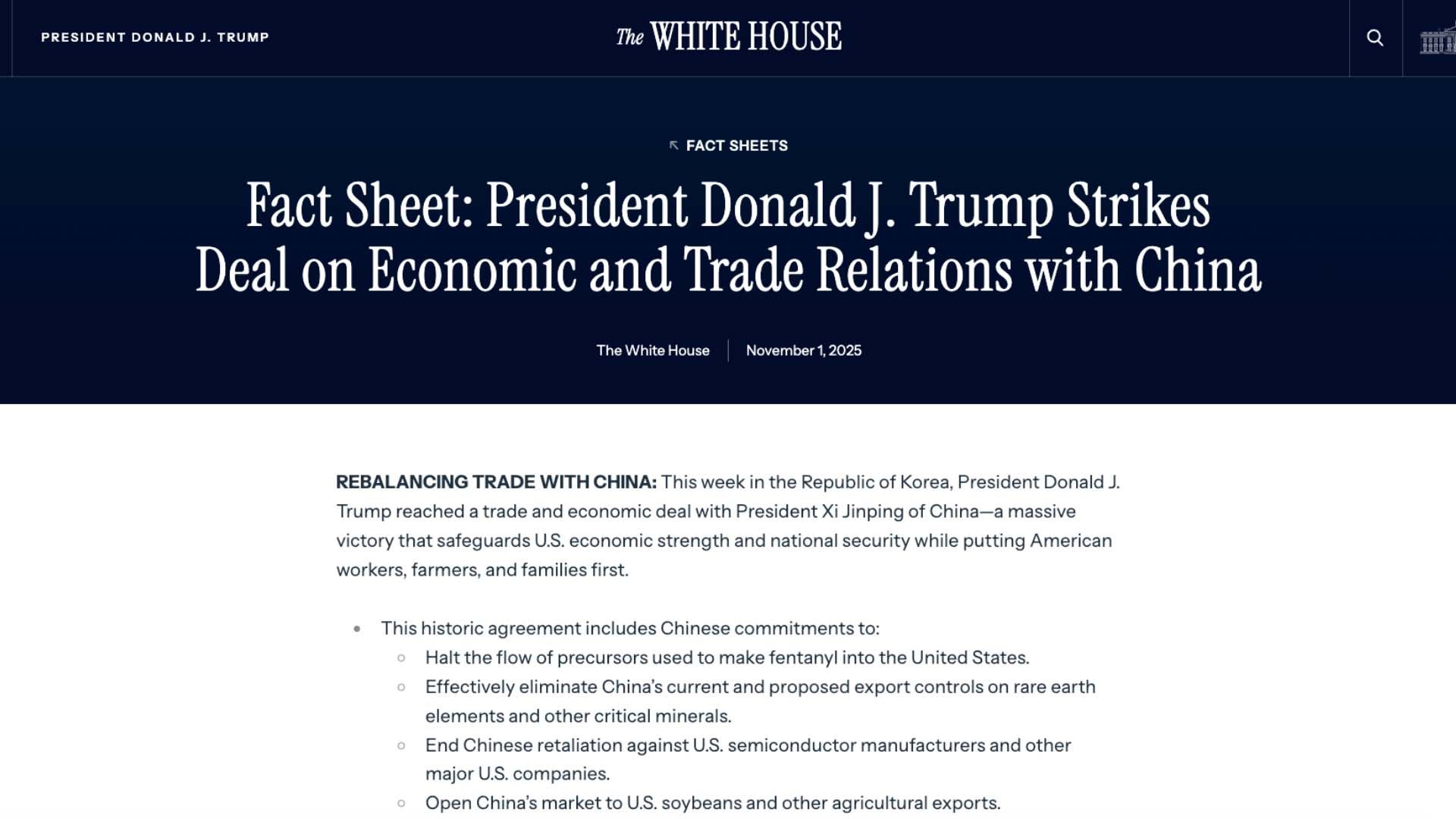 La Casa Blanca anuncia el acuerdo comercial con China