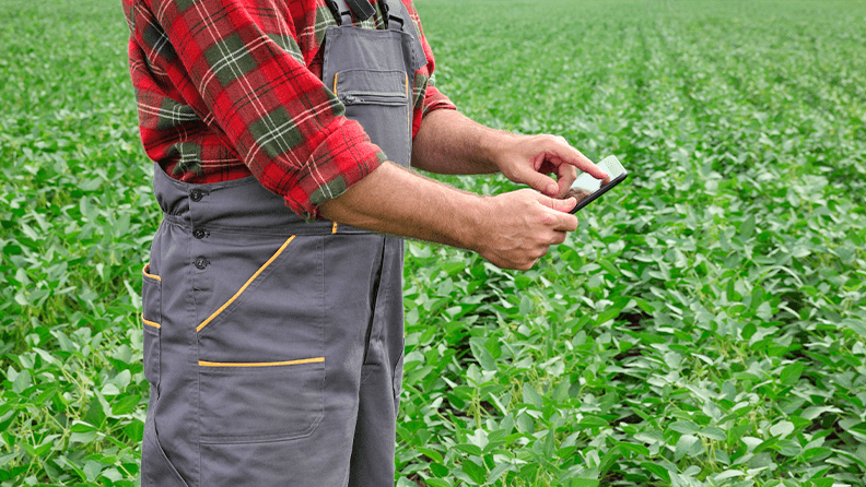 Agricultor consultando una tablet en el campo