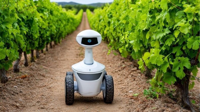 Robot autónomo con sensores recorriendo un viñedo, ejemplo de robótica agrícola aplicada al campo