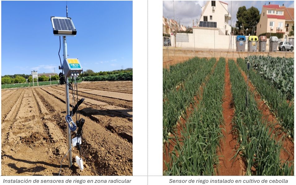 La imagen muestra dos fotografías lado a lado de sistemas de riego inteligente en agricultura.