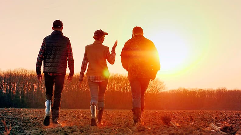 Tres personas caminando en un campo de cultivo, cooperativismo agrícola