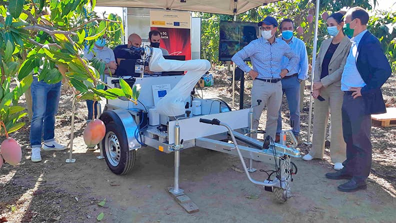 Tecnología aplicada a la agricultura, foto donde se ve un robot para recolectar mango en Frutas Trops