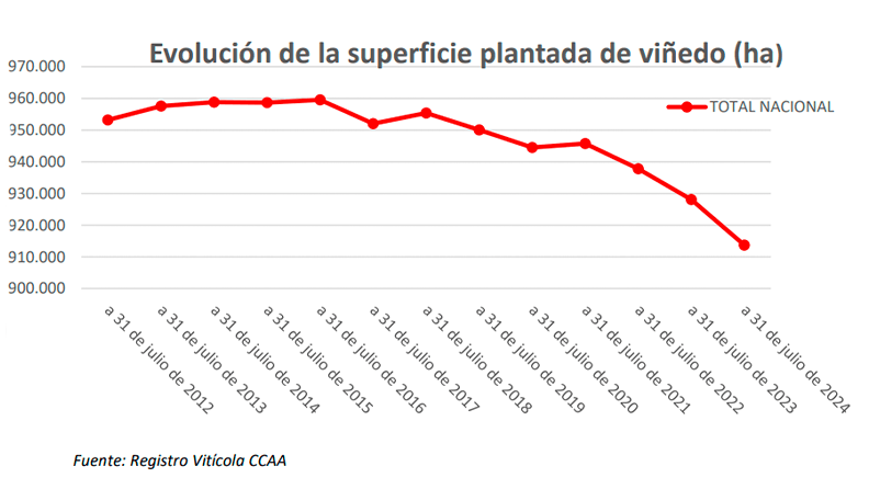 Evolución de la superficie plantada de viñedo.