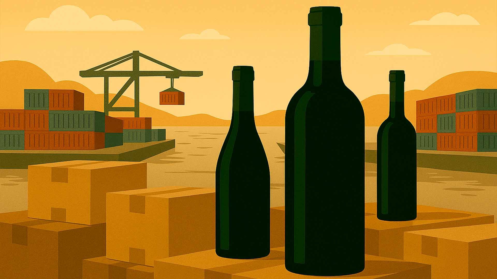 Tres botellas de vino en un entorno de contenedores y un paisaje industrial.