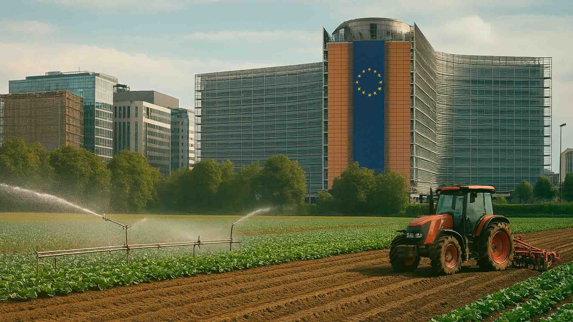 Tractor en un campo de cultivo frente a un edificio con la bandera de la Unión Europea.