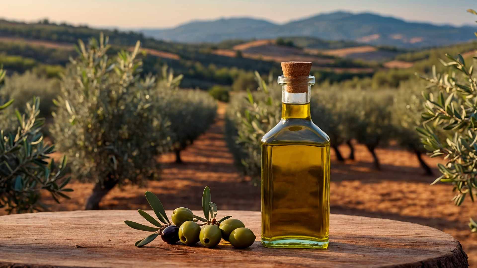 Aceite de oliva en una botella de vidrio con tapón de corcho.