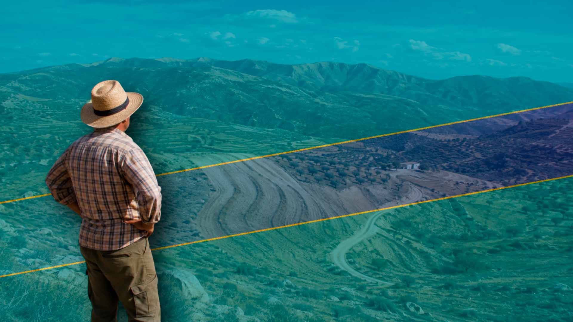 Un hombre con sombrero observa un paisaje montañoso, con campos y franjas de colores superpuestas.