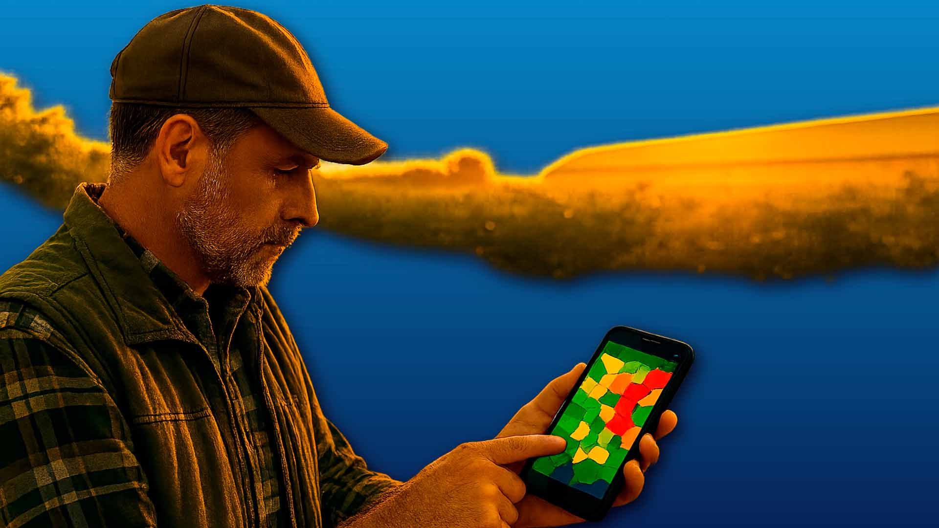Hombre con gorra observa su celular en un paisaje que parece de noche.