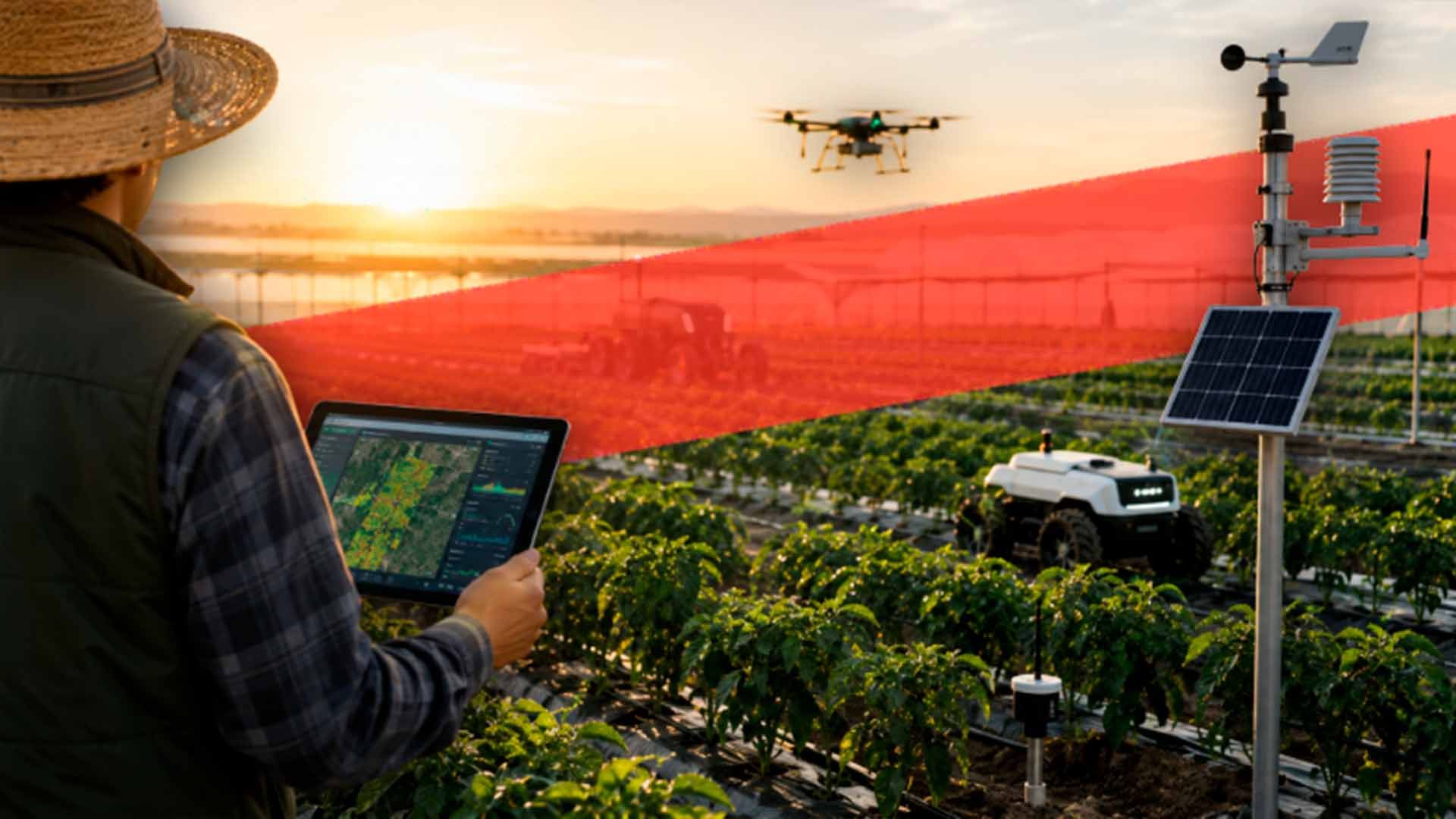 Agricultor monitorea cultivos con tablet, dron, robot y estación meteorológica al atardecer.