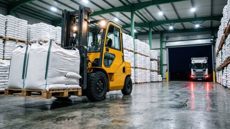 Almacén con sacos de fertilizante apilados listos para su distribución a explotaciones agrícolas