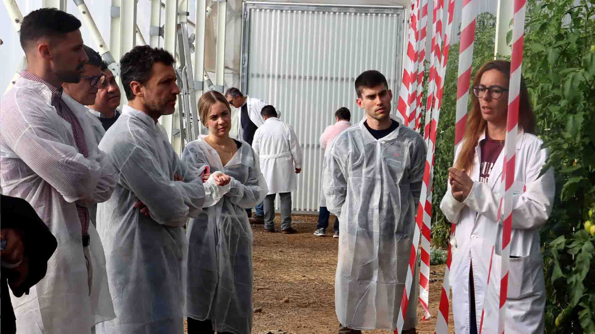 Gente en laboratorio hablando en invernadero.