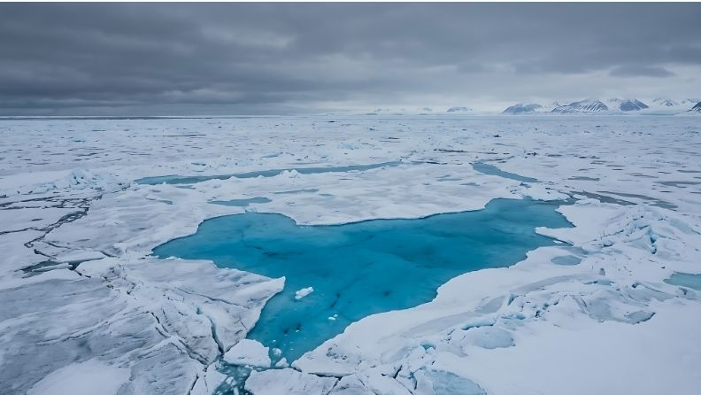Un mar helado con aguas cristalinas en un paisaje polar bajo un cielo nublado.
