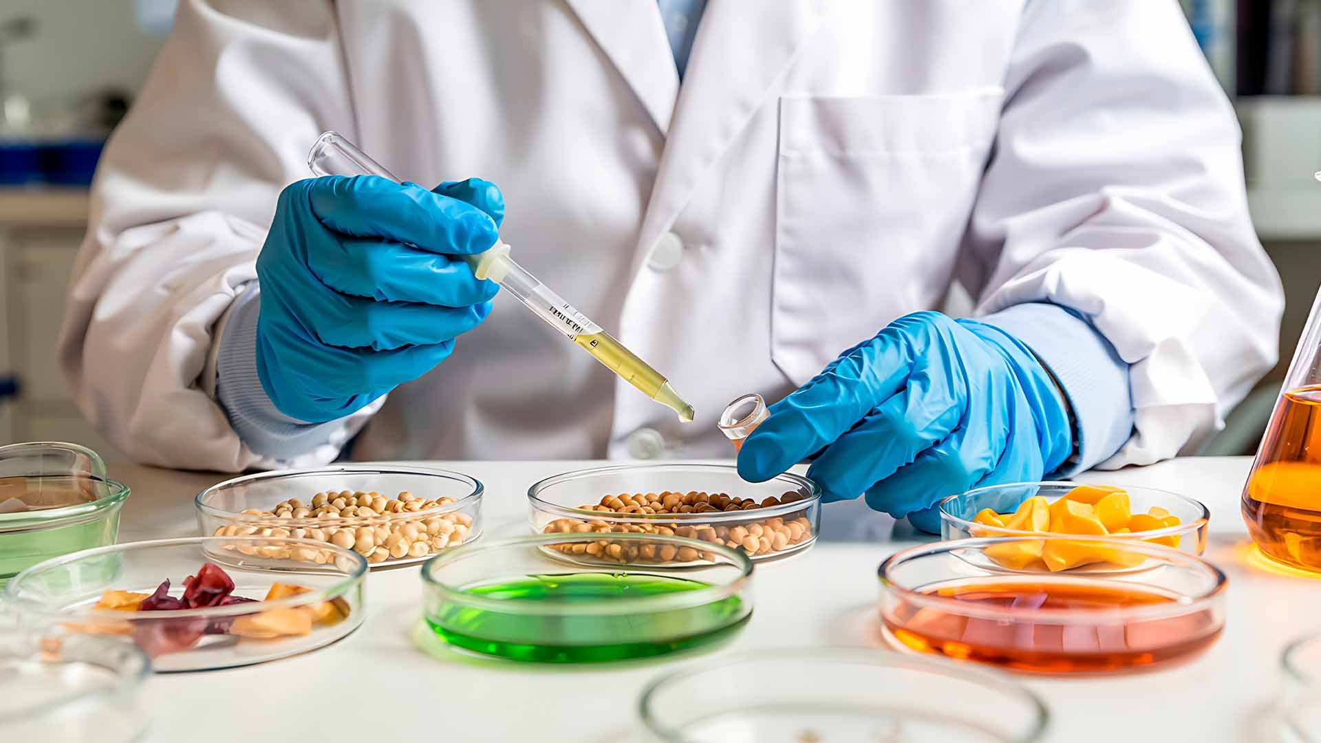 Científico en laboratorio analizando muestras de alimentos con pipeta y guantes.