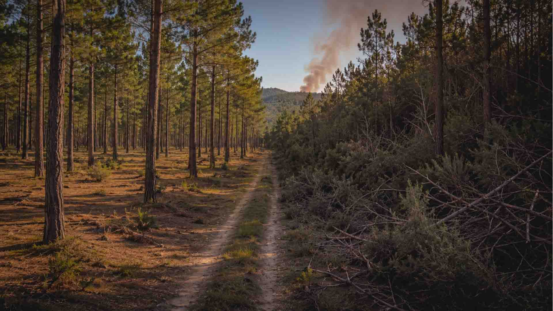 Un camino forestal con árboles a ambos lados y humo en el fondo lejano.