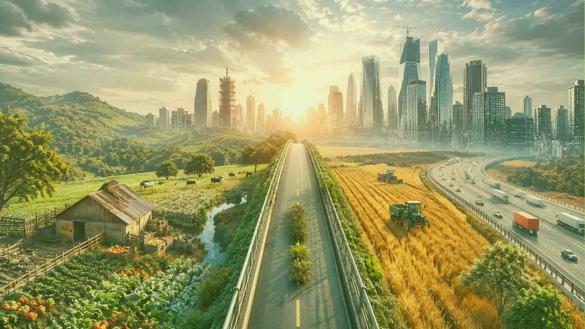 Una carretera con un paisaje rural a un lado y una ciudad al fondo.