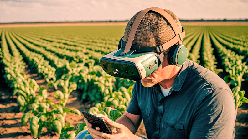 Agricultor que usa un casco de realidad virtual para planificar actividades relacionadas con cultivos