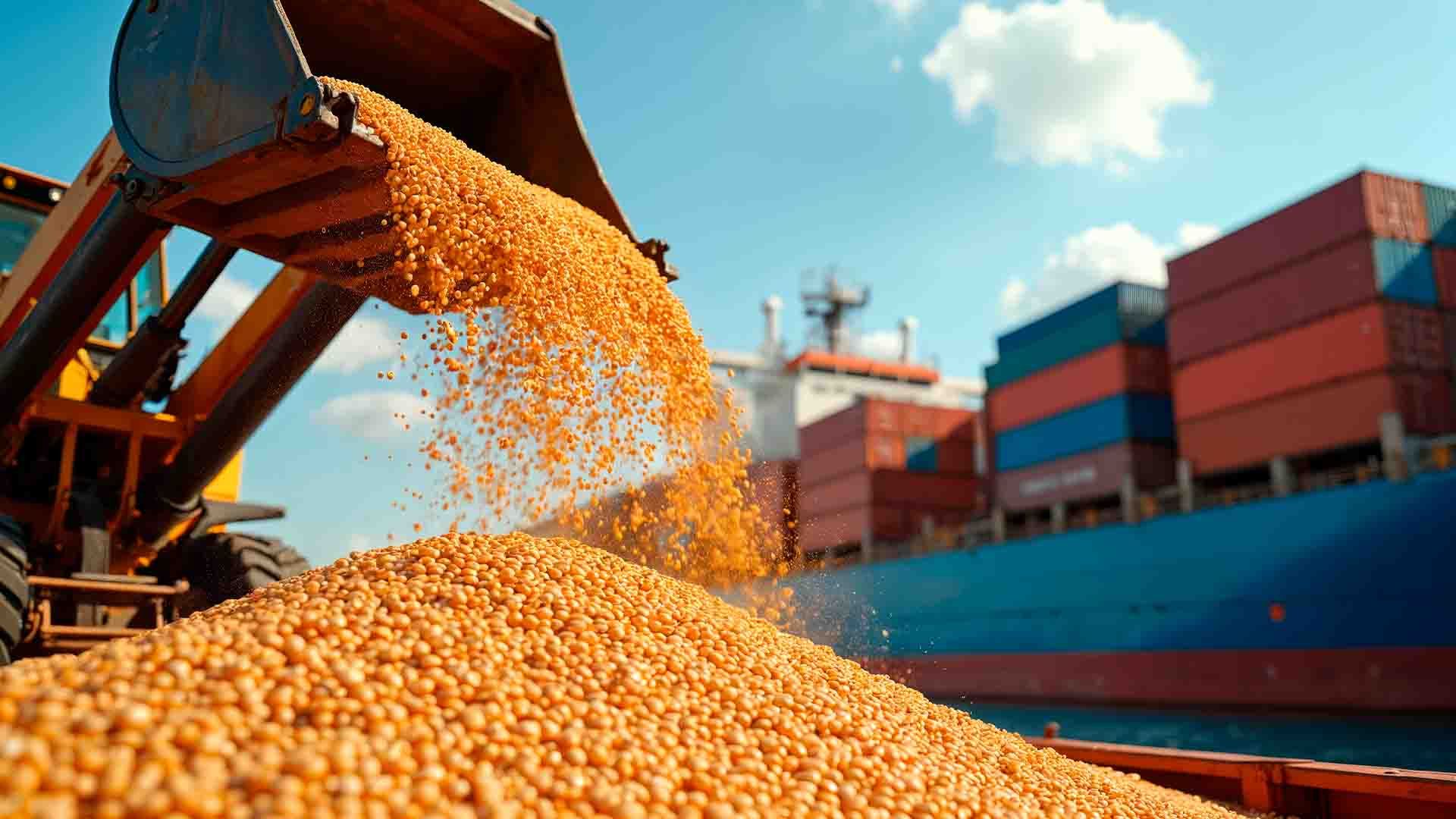 El cargador vierte la soja en una pila para su carga en barco.