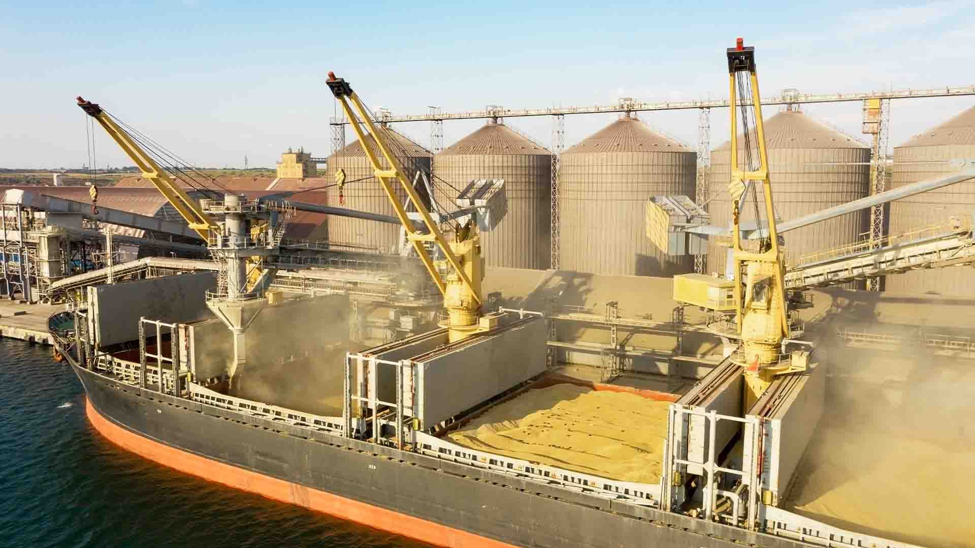 Granero industrial donde un buque mercante se carga de granos en el puerto.