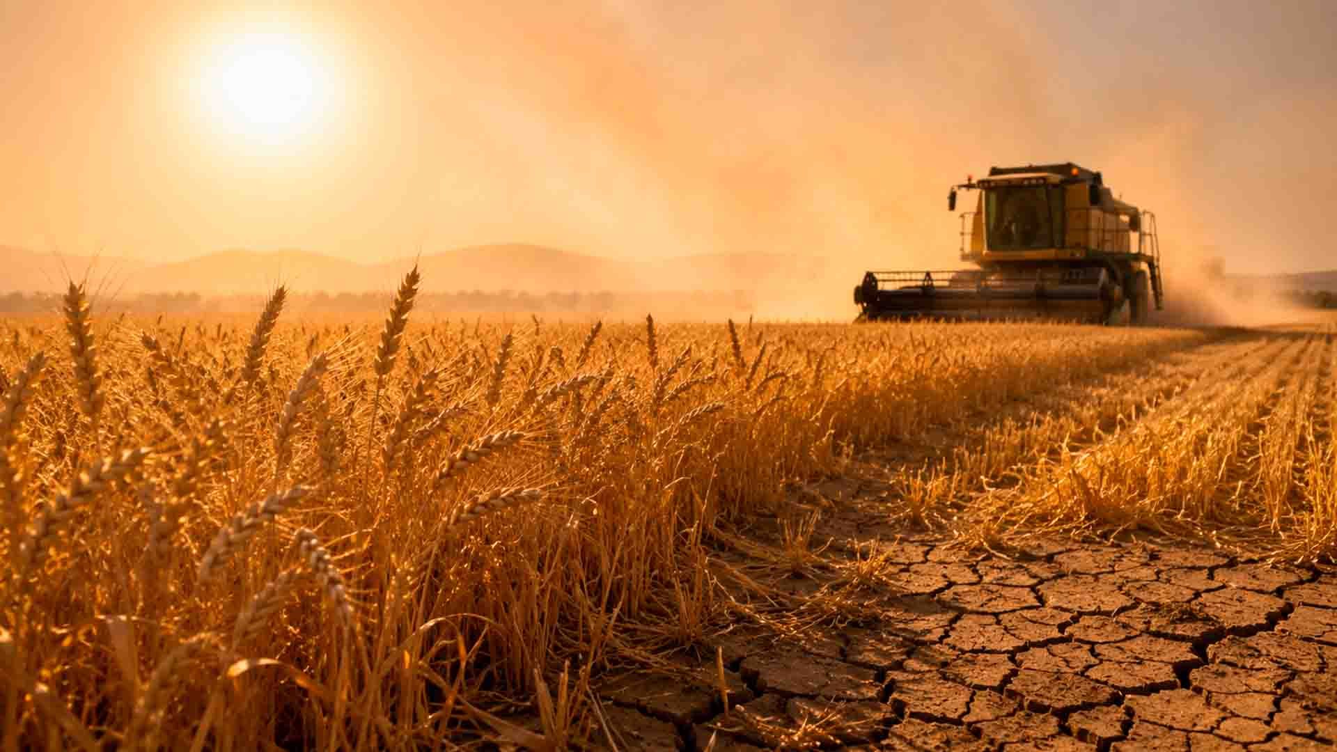 Atardecer dorado sobre campo de trigo con cosechadora y tierra agrietada.