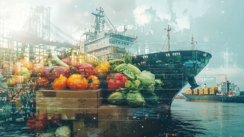 magen de doble exposición que combina hortalizas frescas (tomates, pimientos, col) con un buque de carga en un puerto, simbolizando la exportación agroalimentaria internacional.