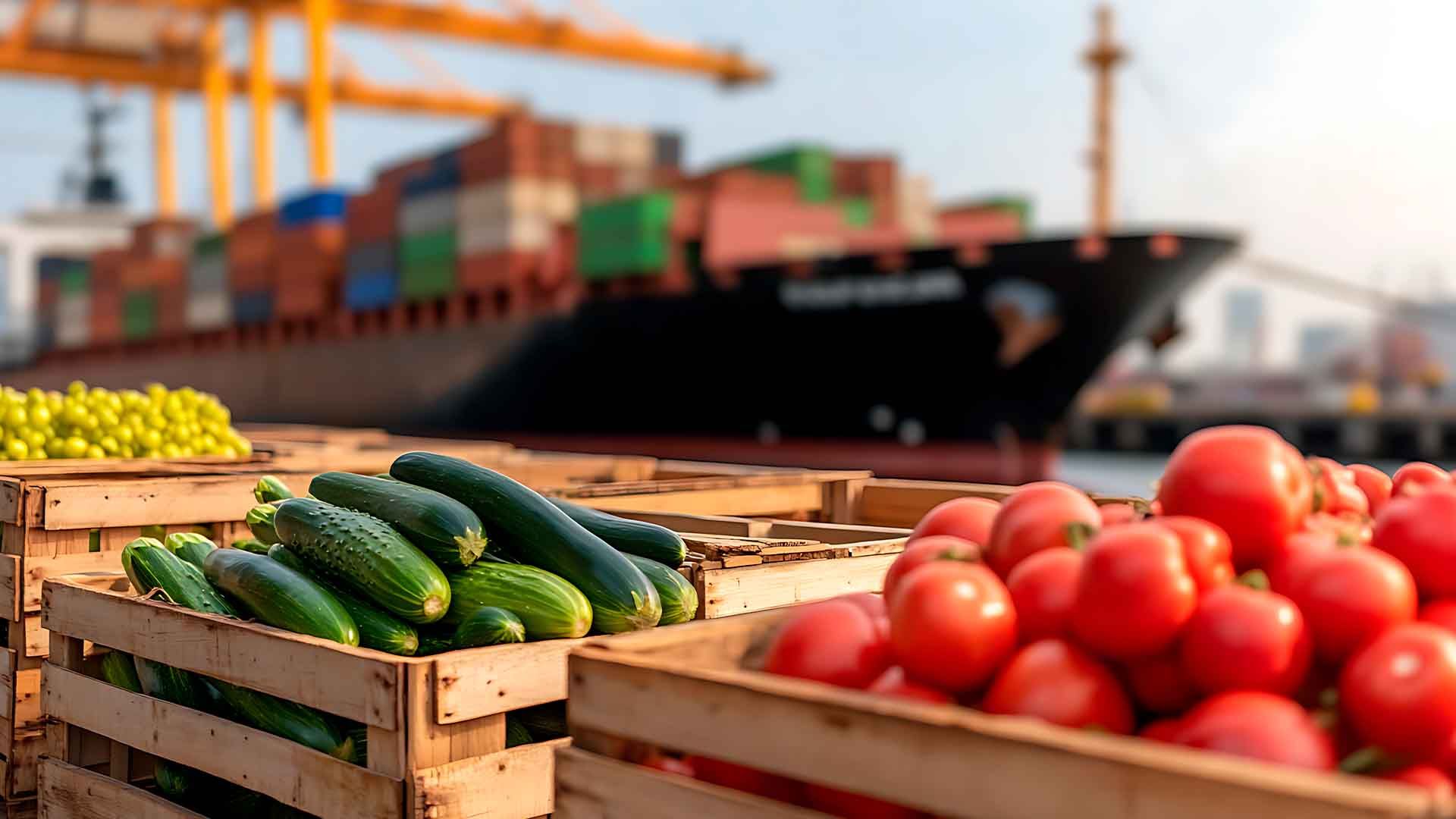 Frutas y verduras a punto de ser cargadas en barco.
