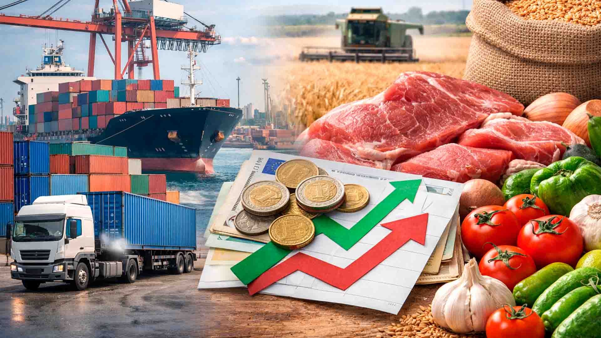 Cultivo de alimentos, transporte y comercio marítimo con gráficos de crecimiento.